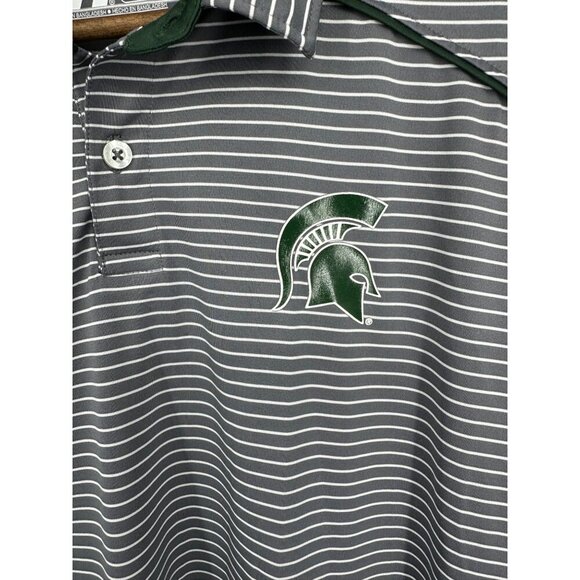 Russell Golf Polo Shirt Gray White Stripe Spartan MSU Logo Men's Size L - Picture 3 of 11
